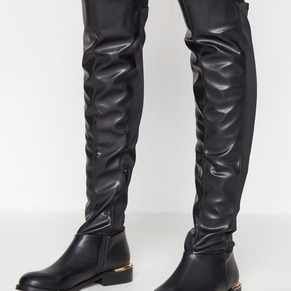 Long Tall Sally Black Faux Leather Over The Knee Stretch Boots